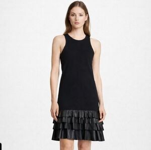 Theory Black Knit & Genuine Leather Tiered Ruffle Hem Moto Dress Size 4